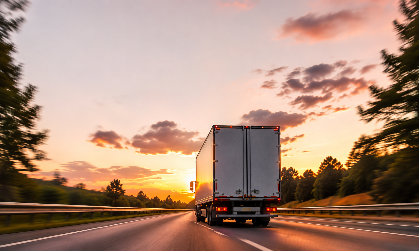 Moving truck on a highway at sunset